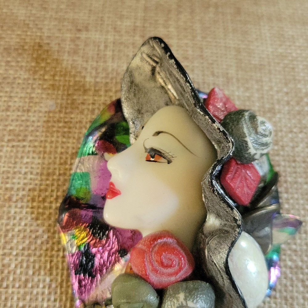 Vintage Art Deco Style Lady Head Brooch Rhinestone Fringe Multi Color Whimsigoth